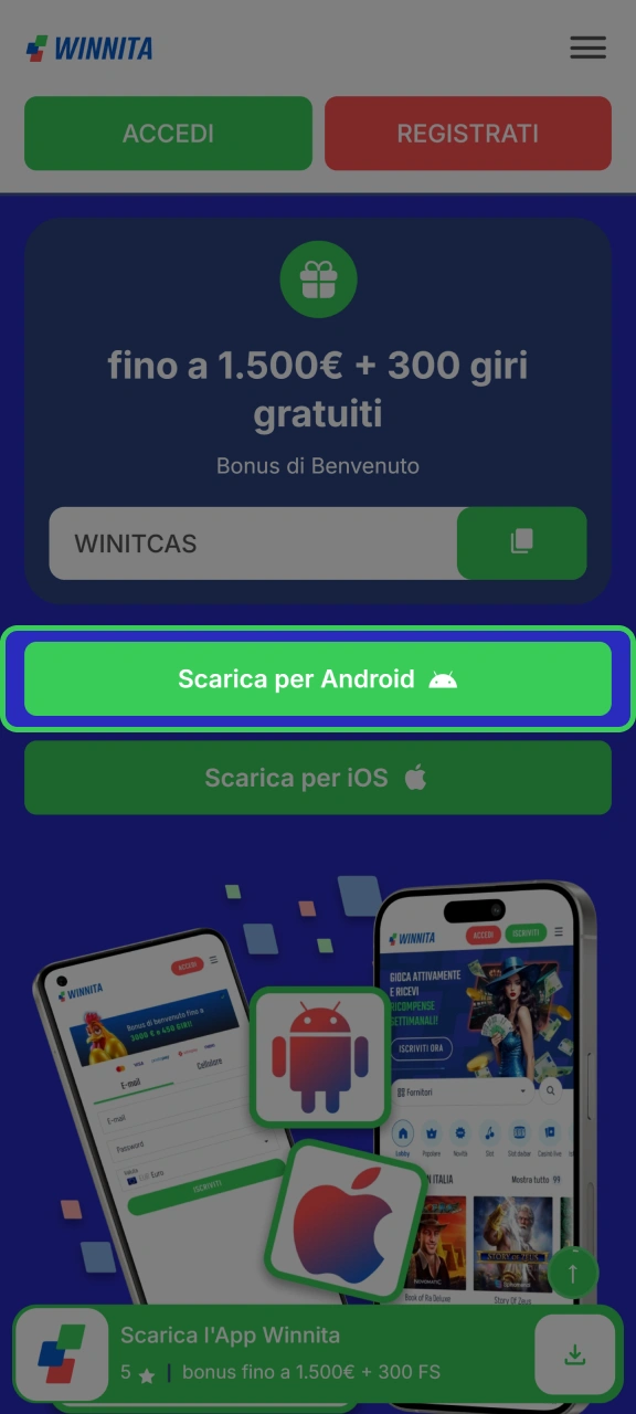 Fai clic sul pulsante Scarica per Android per ottenere l'app Winnita.