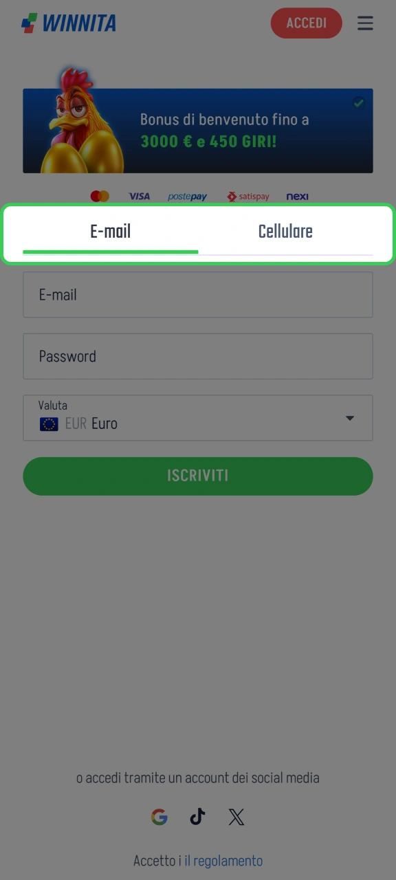 Seleziona un metodo di registrazione per creare un account Winnita.