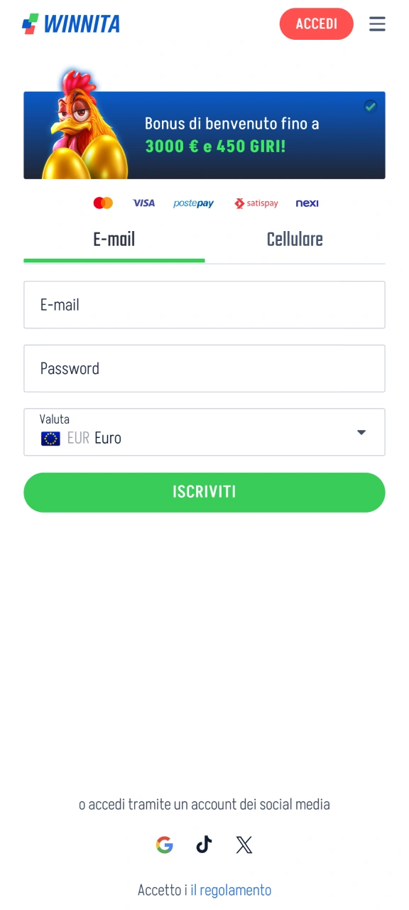 Crea facilmente un account Winnita per accedere a tutte le funzionalità.