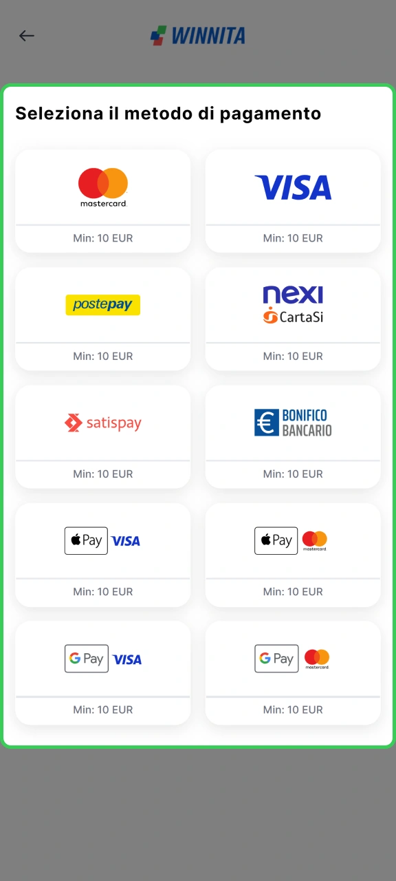 Seleziona un metodo di pagamento a te conveniente sul sito web di Winnita.