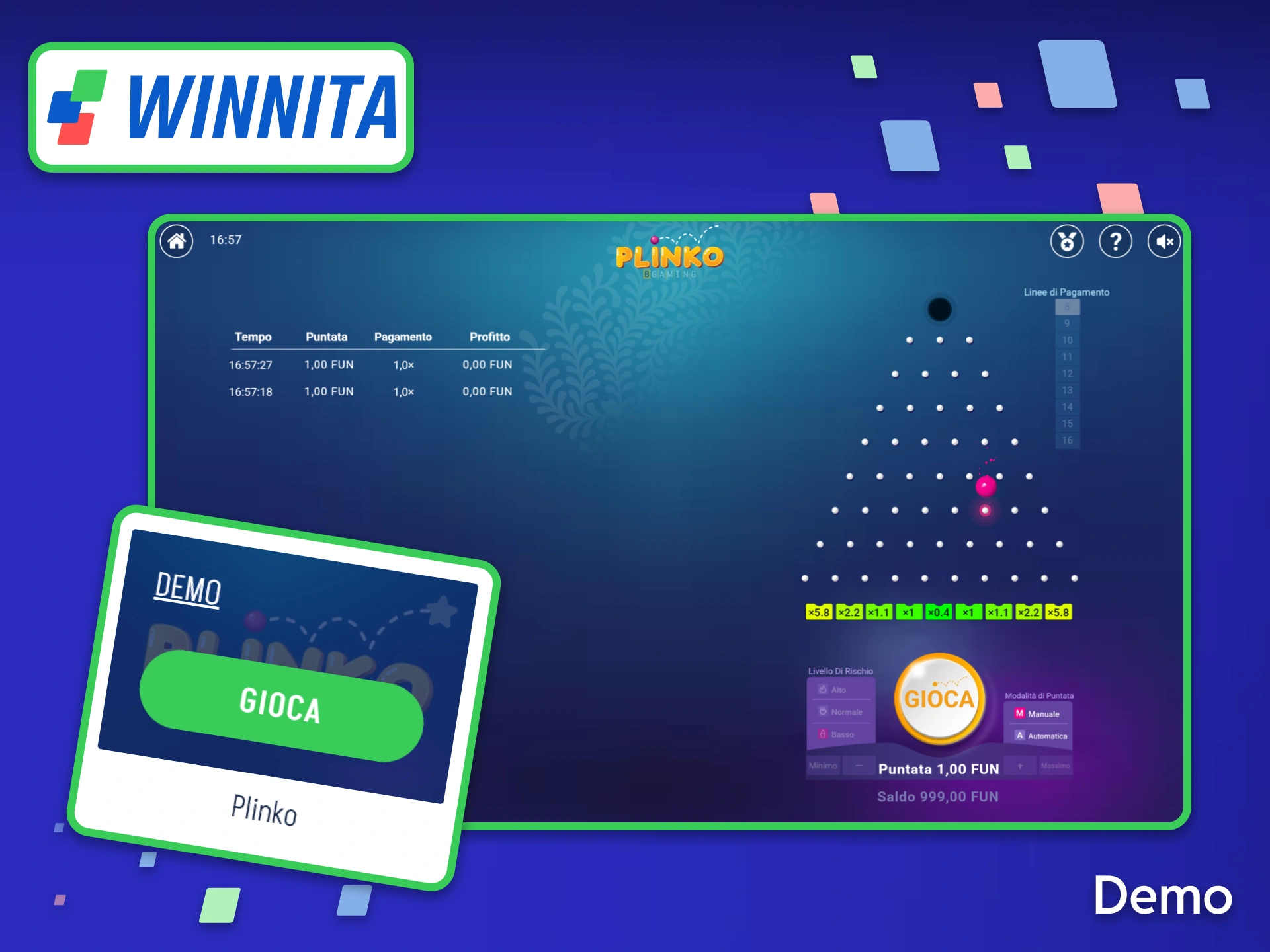 Esercitati senza spendere soldi provando il gioco Plinko in modalità demo su Winnita con saldo virtuale.