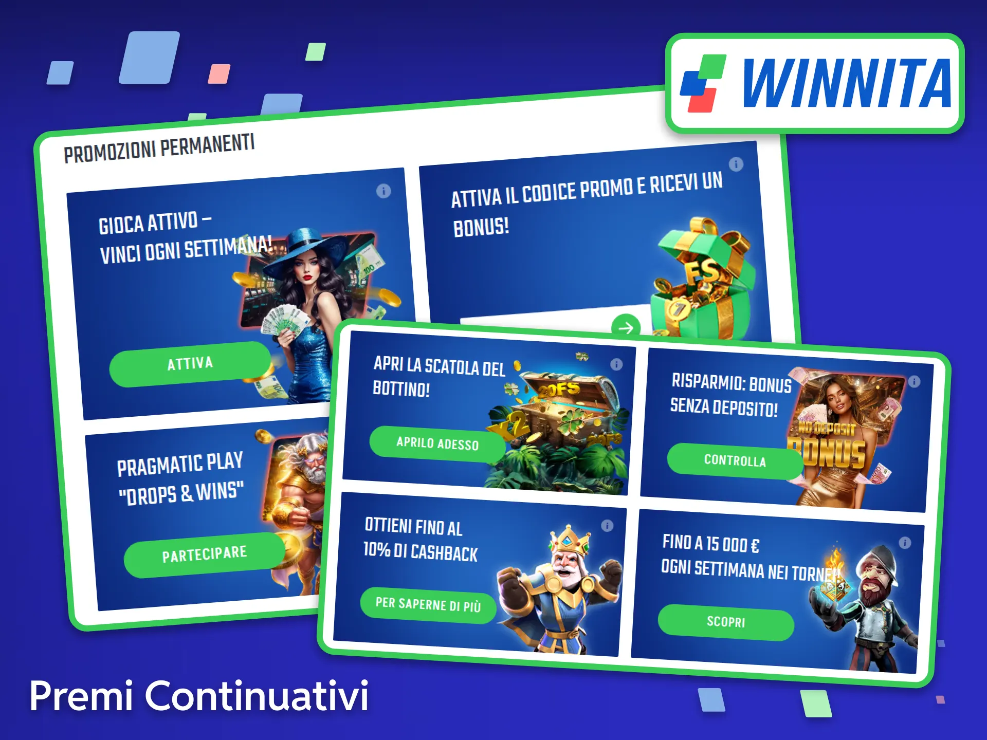 Ricevi ricariche costanti, rimborsi e inviti ai tornei con il programma di premi continuativi di Winnita per i giocatori già registrati.